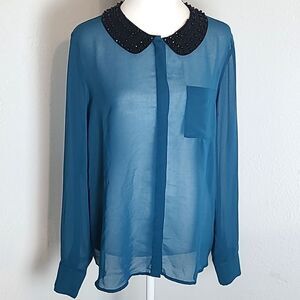 Kensie Sheer Dark Teal Buttondown Blouse with Black Beaded Collar, Size Large